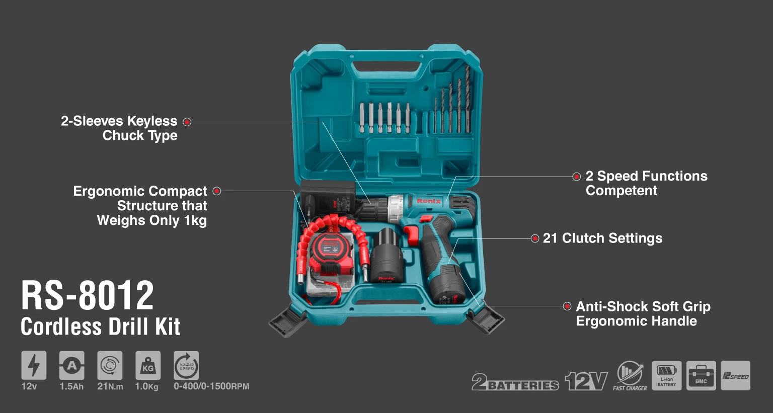 RONIX 12V Cordless Drill Driver Set-19pcs-10mm-21N.m Supplier In Bangladesh